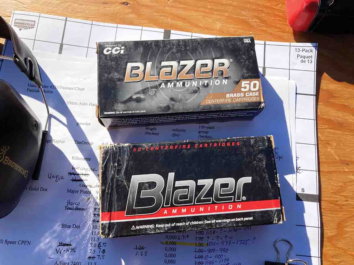 Patrick test fired a couple different factory loads, including CCI Blazer 180-grain Brass Case, which clocked 1,167 fps and  aluminum-cased Blazer 200-grain, which averaged just 650 fps.